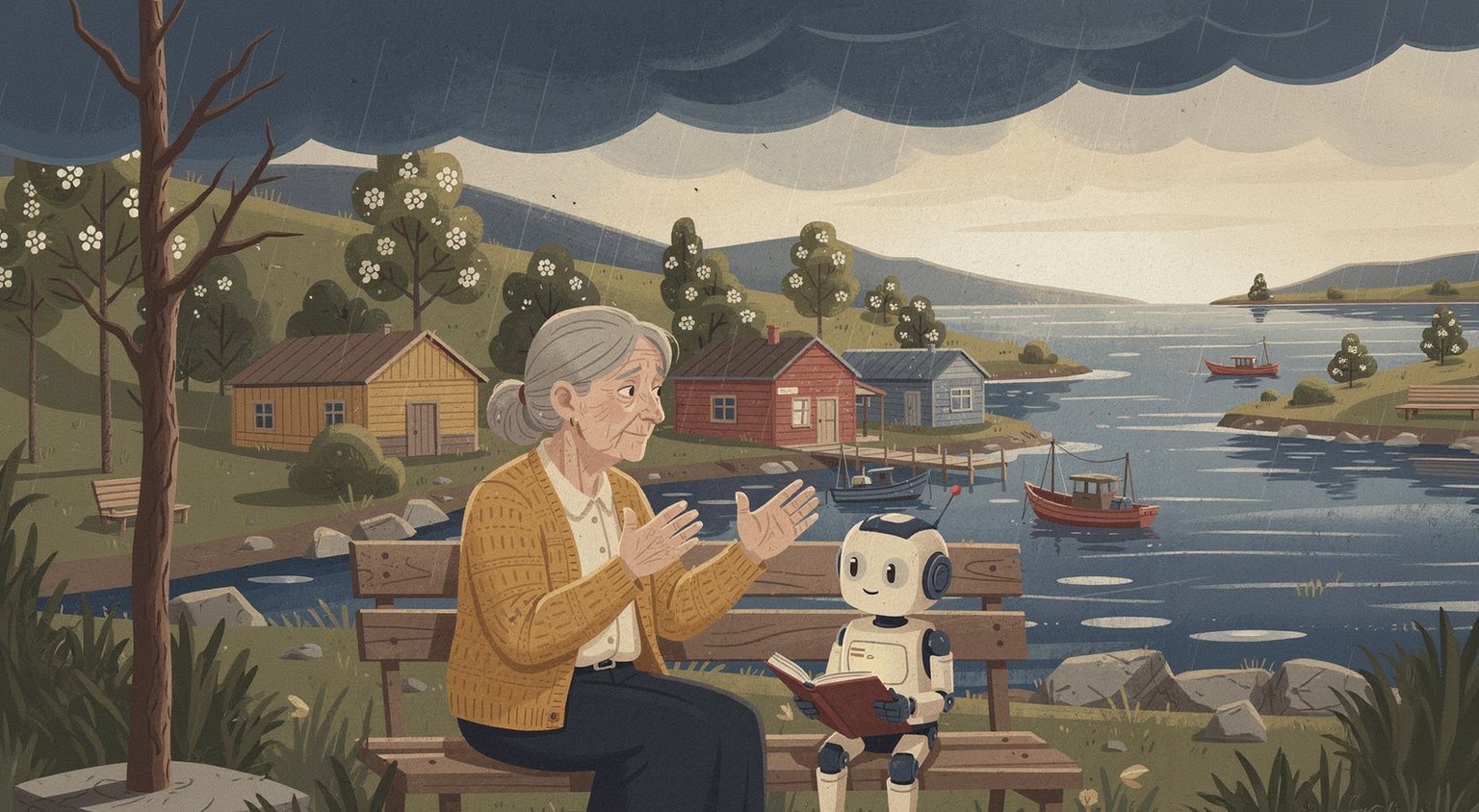 Ilustración: una abuela y un pequeño robot conversan sentados frente al mar, en una caleta con botes