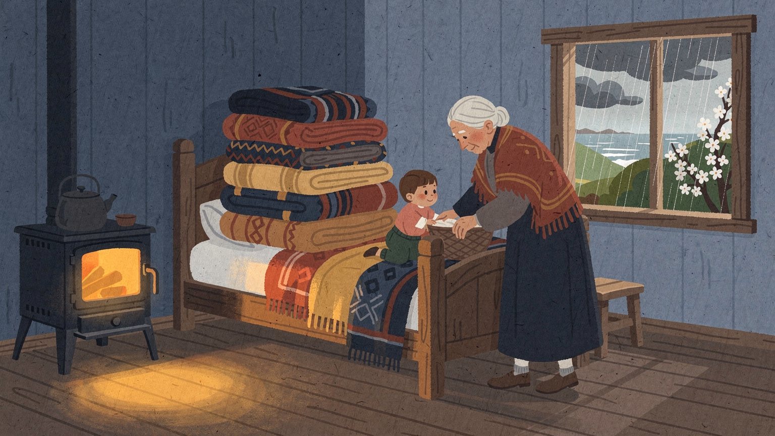 Ilustración: una abuela arropa a un niño con frazadas gruesas de colores, en una casa de madera con estufa a leña