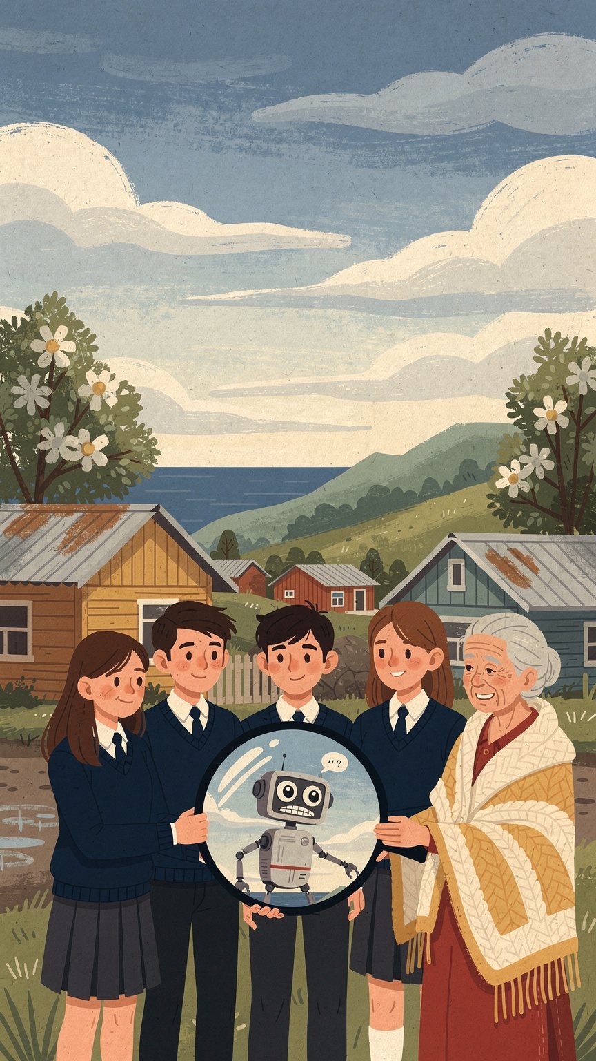Ilustración: estudiantes con una lupa gigante miran a un robot desconcertado, junto a una abuela, con los cerros y la costa de Los Muermos detrás
