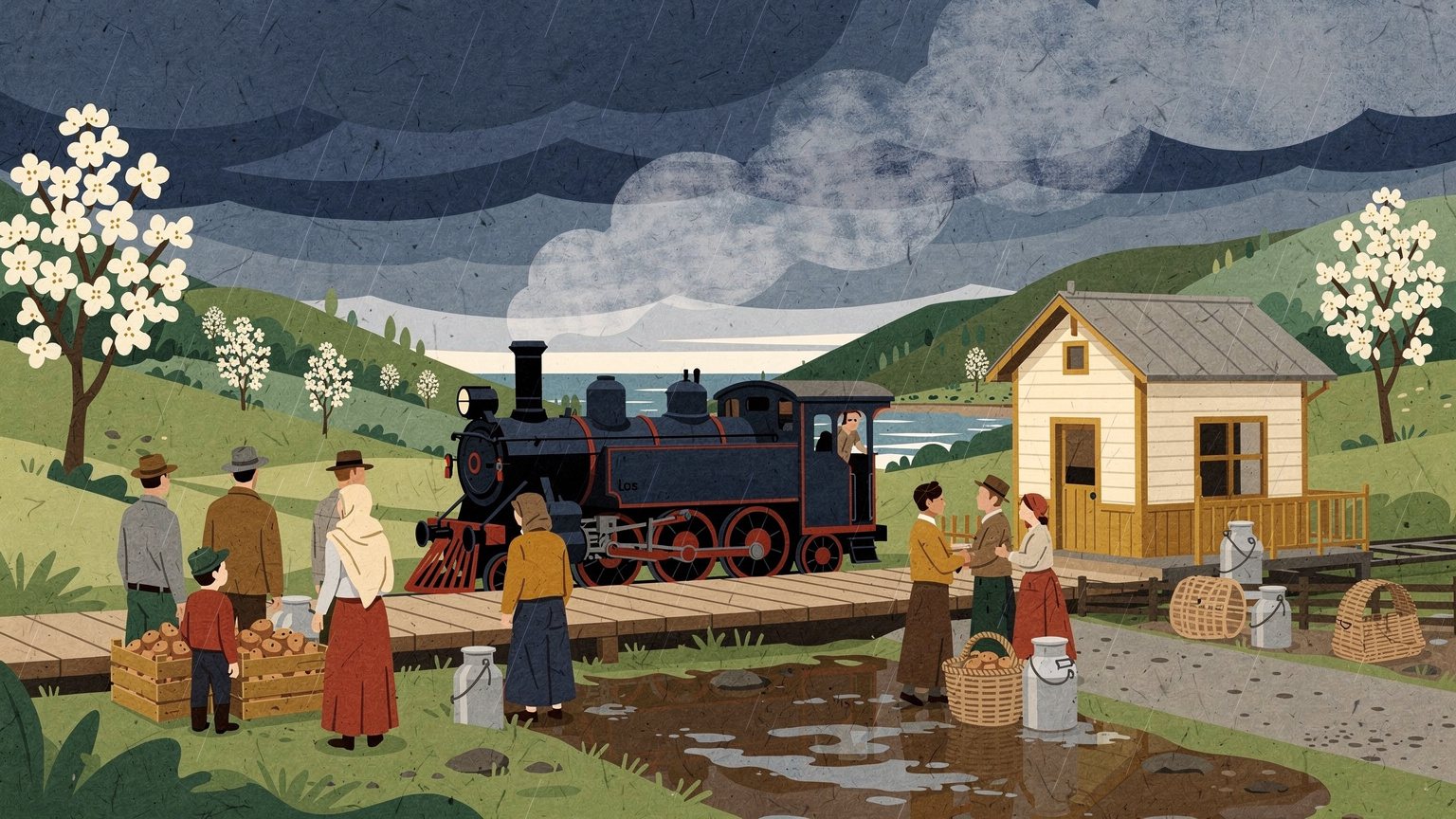 Ilustración: un tren a vapor llega a una pequeña estación de madera; familias esperan con canastos y tarros de leche